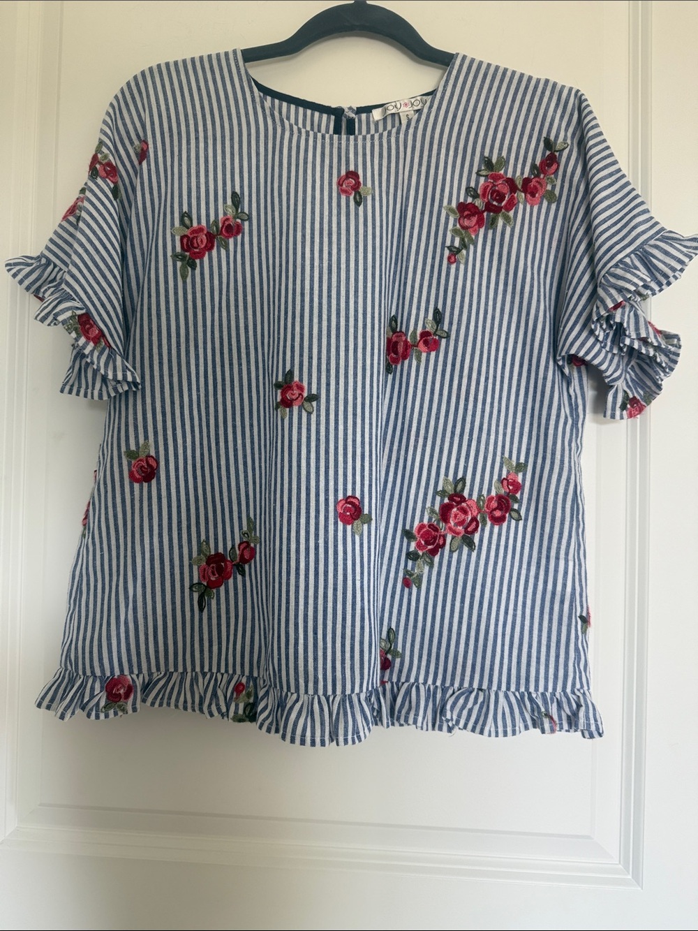 Joy Joy Blue-and-White Striped Floral Ruffle Top